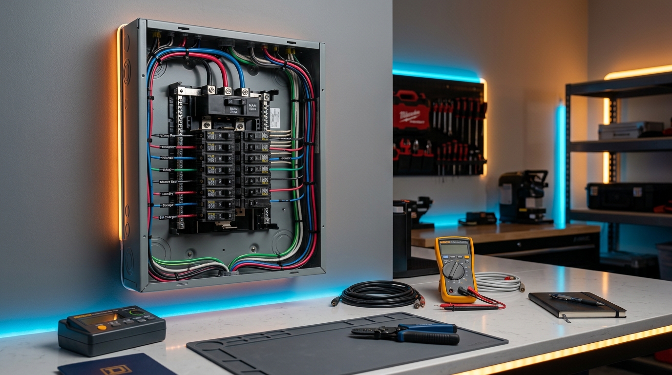 Professional electrician working on modern breaker panel